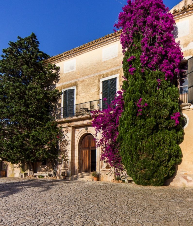 Façade of a historic possessió with arched doorway, cypress and bougainvillea, Mallorca
