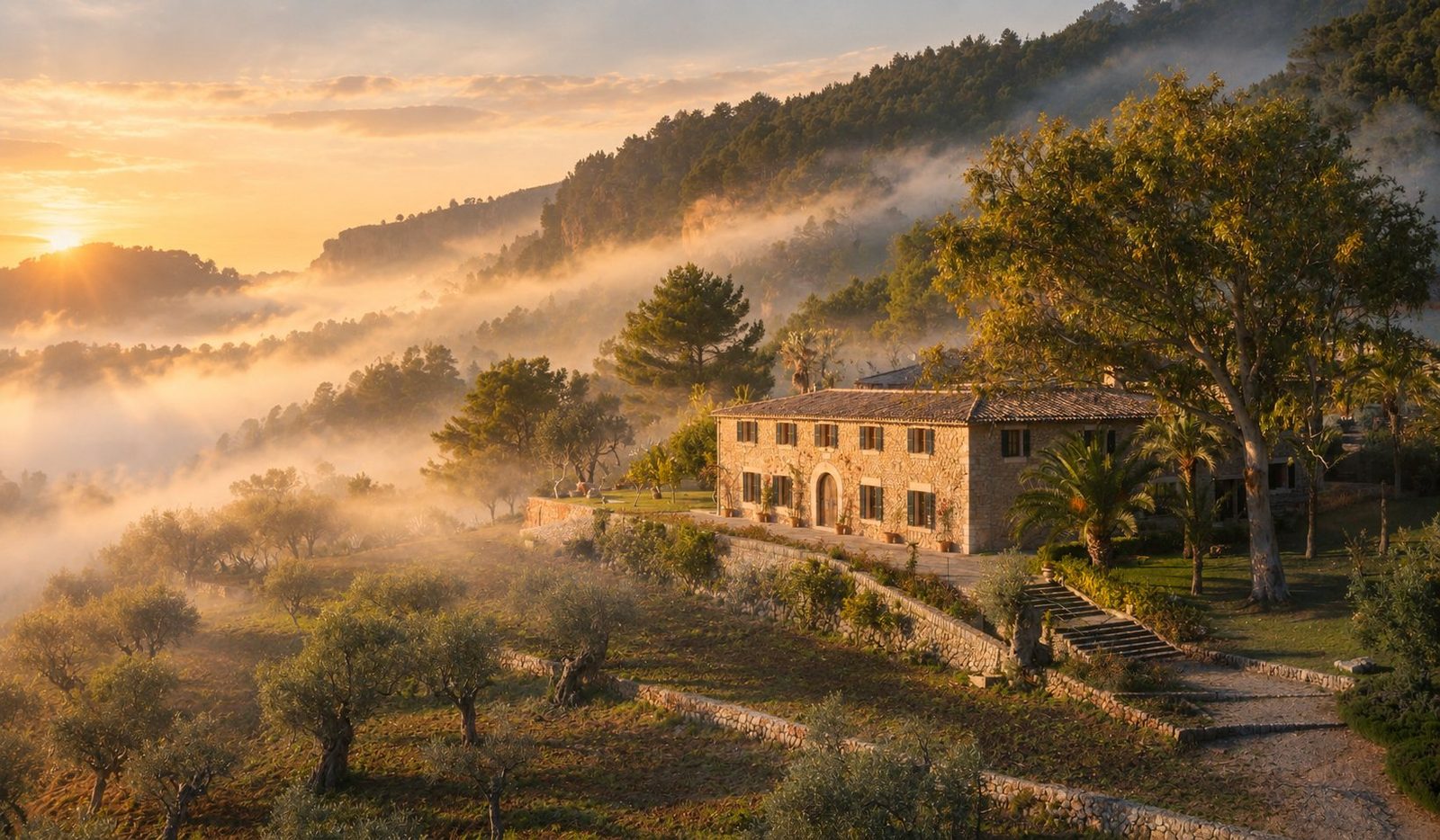 Stone possessió on terraced olive groves in the Tramuntana mountains at sunrise, Mallorca